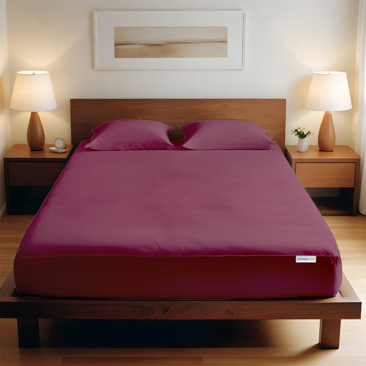 3 Piece Fitted Sheet Set Super Soft Burgundy Single Size 120x200+25cm with 2 Pillow Case - Cotton Home