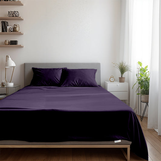3 Piece Flat Sheet Set Super Soft Dark Purple Queen Size 200x220 with 2 Pillow Case