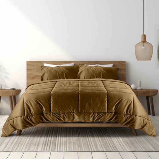 Luxury Velvet 3-Piece Queen Comforter Set - 220x240 cm- Khaki - Cotton Home