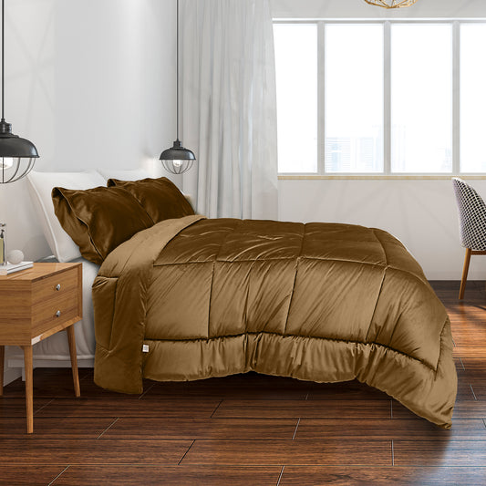 Luxury Velvet 3-Piece King Comforter Set - 240x260 cm- Khaki - Cotton Home