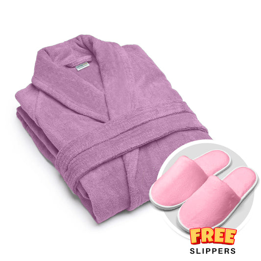 Premium Cotton Lavender Terry Bathrobe with Pockets, One Size Fits All with Free Bath Slippers