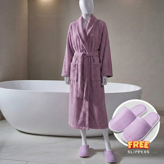 Premium Cotton Lavender Terry Bathrobe with Pockets, One Size Fits All with Free Bath Slippers