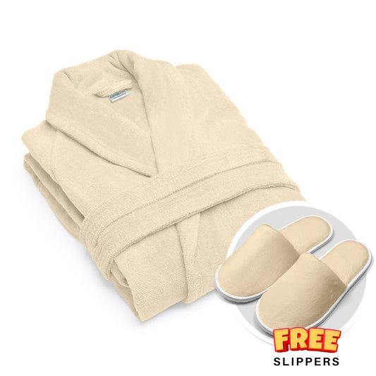 Premium Cotton Cream Terry Bathrobe with Pockets, One Size Fits All with Free Bath Slippers