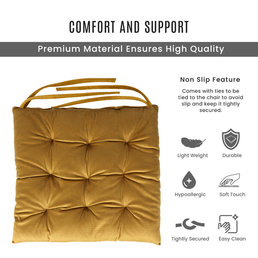 Velvet Slip Free Tufted  Chair Cushion Mustard 40x40cm - Cotton Home