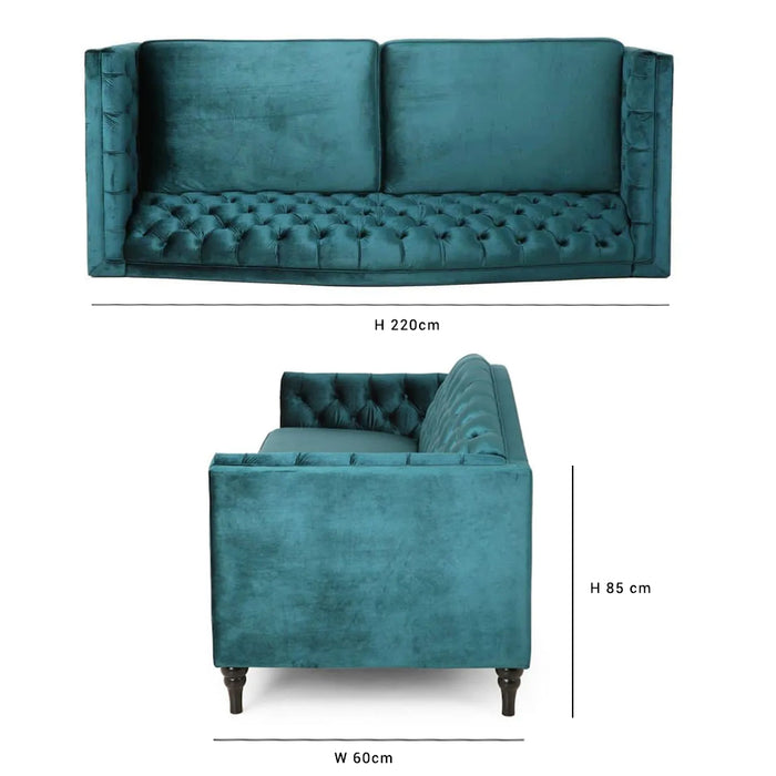 Nova 3-Seater Square Arm Living Room Velvet Sofa  L220cm X W60cm x H85cm - Teal 3 Seater