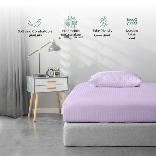 Stripe Fitted Sheet Set King 180x200+30cm with Pillowcases Light Purple
