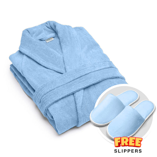 Premium Cotton Sky Blue Terry Bathrobe with Pockets, One Size Fits All with Free Bath Slippers