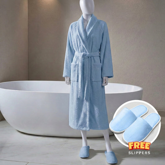Premium Cotton Sky Blue Terry Bathrobe with Pockets, One Size Fits All with Free Bath Slippers