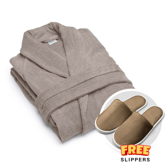 Premium Cotton Taupe Terry Bathrobe with Pockets, One Size Fits All with Free Bath Slippers