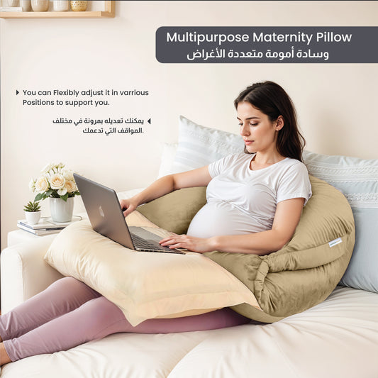Serenity Velvet Pregnancy Pillow U-Shape Full Body Pillow  With Removable Cover Beige - Cotton Home
