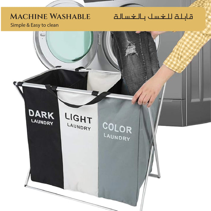 Laundry Basket Bin with 3 Sections Large Capacity Clothes Sorter Hamper Organizer, Waterproof Storage Bag