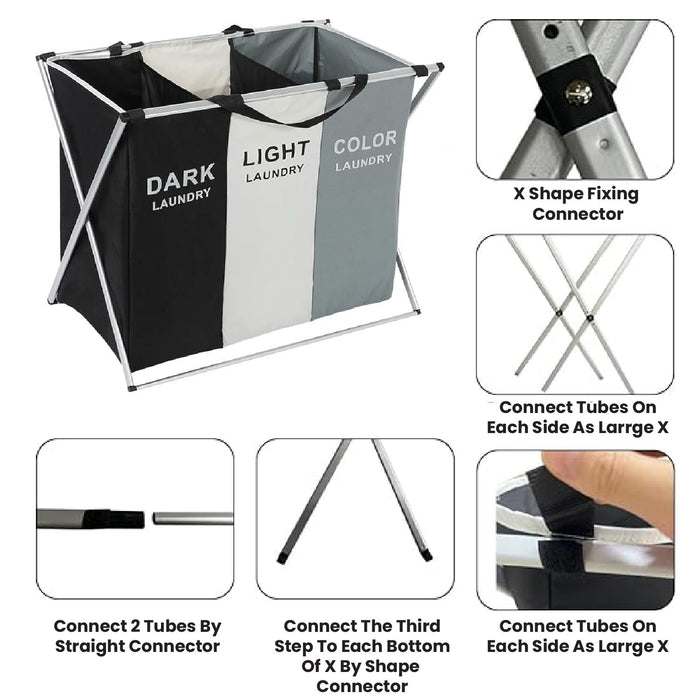 Laundry Basket Bin with 3 Sections Large Capacity Clothes Sorter Hamper Organizer, Waterproof Storage Bag