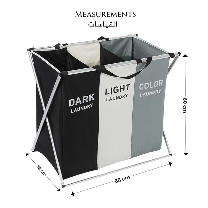 Laundry Basket Bin with 3 Sections Large Capacity Clothes Sorter Hamper Organizer, Waterproof Storage Bag