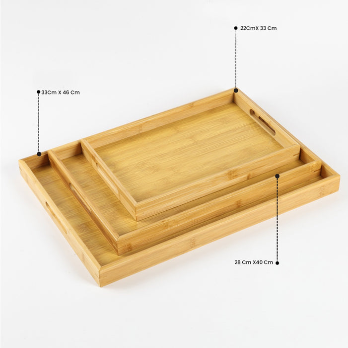 Bamboo Serving Tray Set of 3 Rectangular Wooden Trays with Handles - Cotton Home