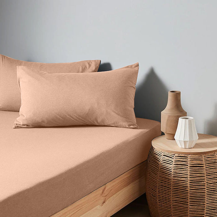 High Quality Beige Cotton Jersey Double 3 Piece Fitted Sheet Set 120x200+30cm with Deep Pockets and 2 Pillow Case - Cotton Home