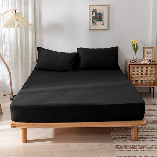 High Quality Black Cotton Jersey Queen 3 Piece Fitted Sheet Set 180x200+30cm with Deep Pockets and 2 Pillow Case - Cotton Home