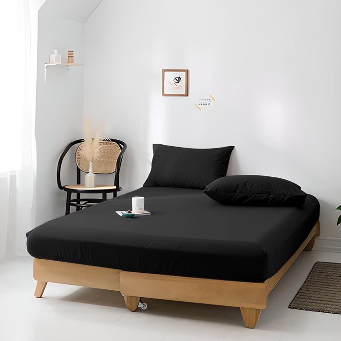 High Quality Black Cotton Jersey Queen 3 Piece Fitted Sheet Set 180x200+30cm with Deep Pockets and 2 Pillow Case - Cotton Home