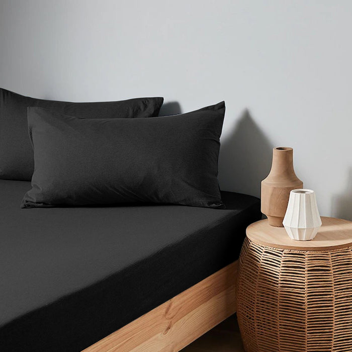 High Quality Black Cotton Jersey Queen 3 Piece Fitted Sheet Set 180x200+30cm with Deep Pockets and 2 Pillow Case - Cotton Home