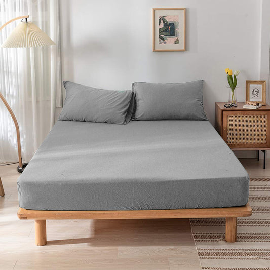 High Quality Grey Cotton Jersey Single 3 Piece Fitted Sheet Set 90x190+25cm with Deep Pockets and 2 Pillow Case - Cotton Home