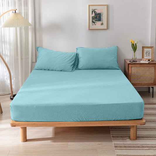 High Quality Blue Cotton Jersey Queen 3 Piece Fitted Sheet Set 180x200+30cm with Deep Pockets and 2 Pillow Case - Cotton Home