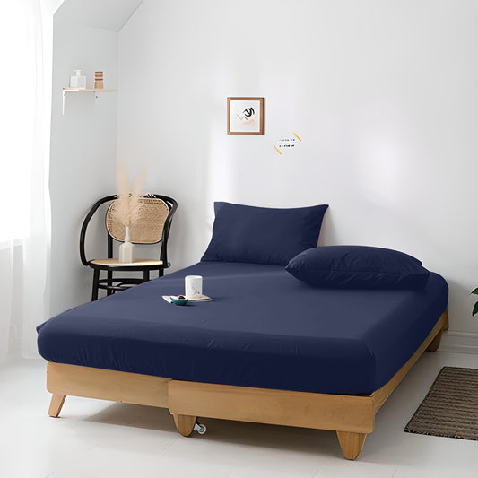 High Quality Navy Blue Cotton Jersey King 3 Piece Fitted Sheet Set 200x200+30cm with Deep Pockets and 2 Pillow Case - Cotton Home