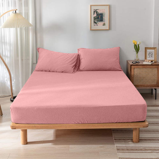 High Quality Pink Cotton Jersey Double 3 Piece Fitted Sheet Set 120x200+30cm with Deep Pockets and 2 Pillow Case - Cotton Home