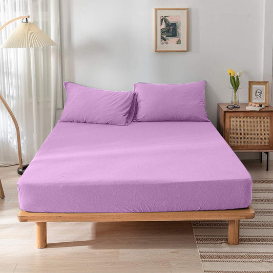 High Quality Purple Cotton Jersey King 3 Piece Fitted Sheet Set 200x200+30cm with Deep Pockets and 2 Pillow Case - Cotton Home