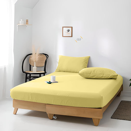 High Quality Yellow Cotton Jersey Double 3 Piece Fitted Sheet Set 120x200+30cm with Deep Pockets and 2 Pillow Case - Cotton Home
