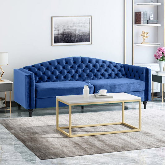 Nova 3-Seater Velvet Sofa with Square Arms – L220cm x W60cm x H85cm, Blue Comfortable & Stylish Sofa for Living Room