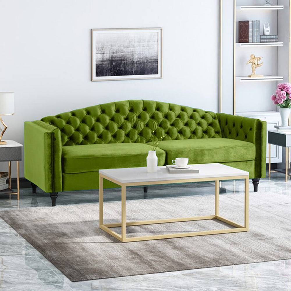 Nova 3-Seater Velvet Sofa with Square Arms – L220cm x W60cm x H85cm, Green Comfortable & Stylish Sofa for Living Room