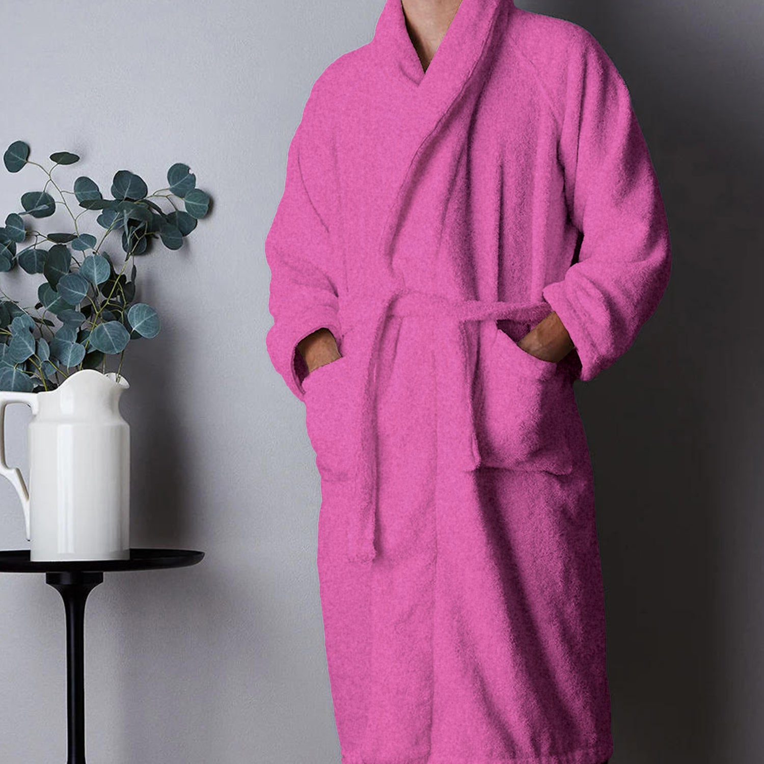 Premium Cotton Hot Pink Terry Bathrobe with Pockets Suitable for Men and Women, Soft & Warm Terry Home Bathrobe, Sleepwear Loungewear, One Size Fits All