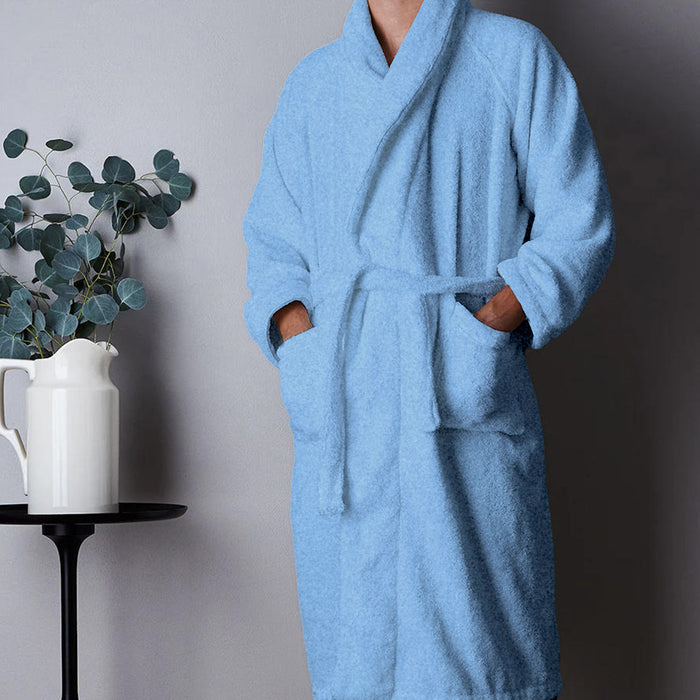 Premium Cotton Sky Blue Terry Bathrobe with Pockets Suitable for Men and Women, Soft & Warm Terry Home Bathrobe, Sleepwear Loungewear, One Size Fits All