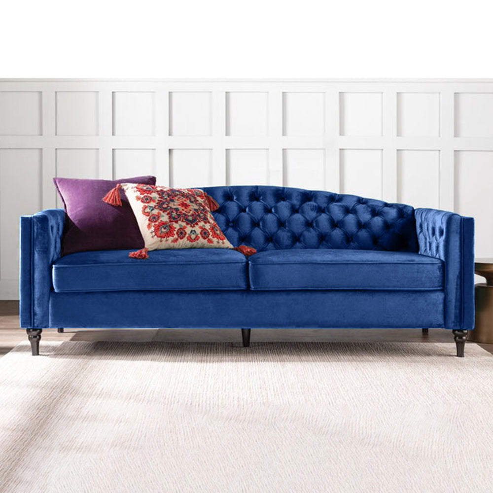 Nova 3-Seater Velvet Sofa with Square Arms – L220cm x W60cm x H85cm, Blue Comfortable & Stylish Sofa for Living Room