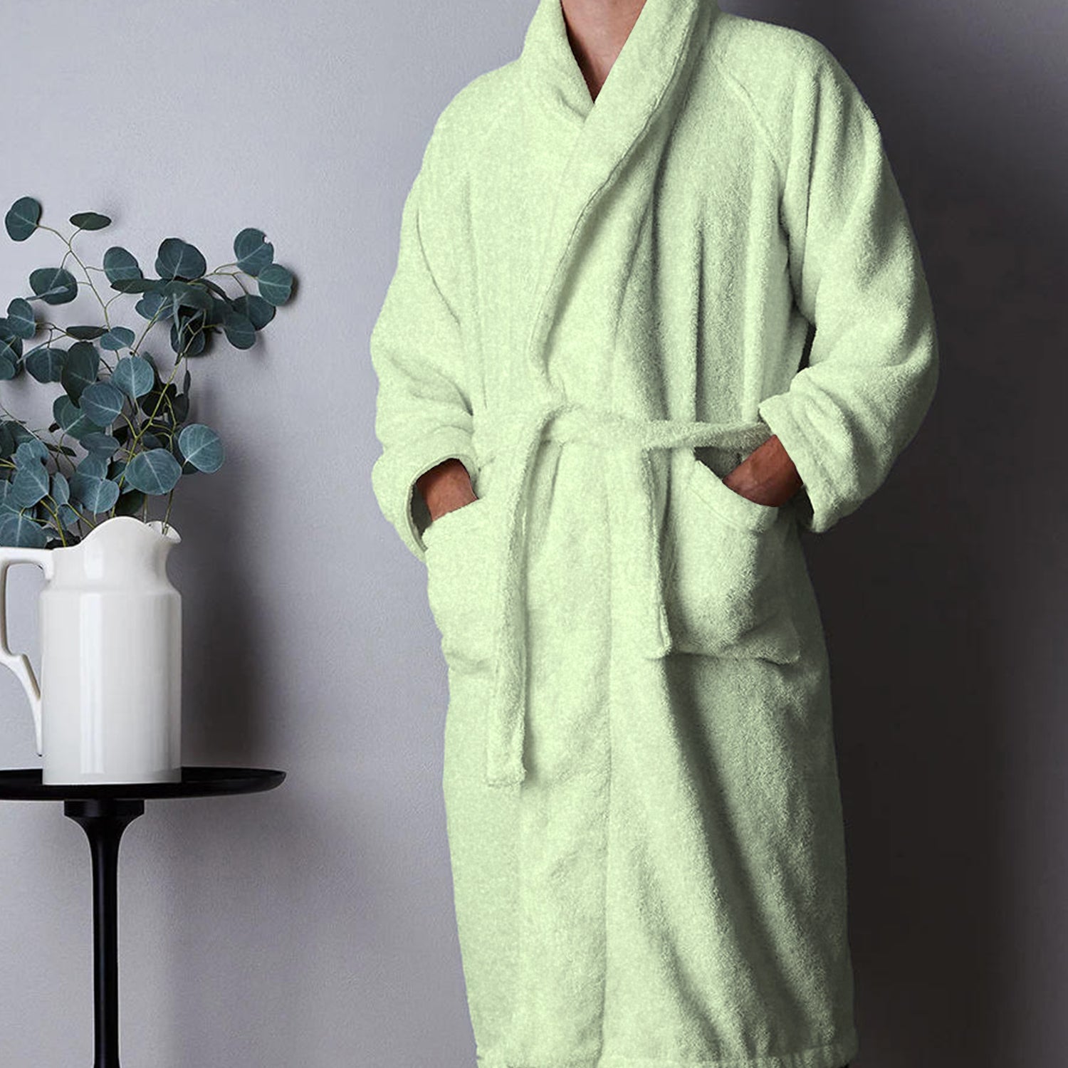 Premium Cotton Mint Green Terry Bathrobe with Pockets Suitable for Men and Women, Soft & Warm Terry Home Bathrobe, Sleepwear Loungewear, One Size Fits All