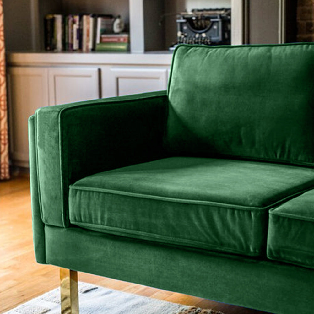 Nebula Green Velvet 3-Seater Sofa with Square Arms - Luxury Living Room Seating, L220cm x W86cm x H81cm