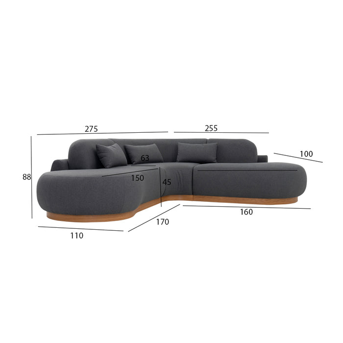 Lorenzo 4 Seater  Corner Sofa Velvet Fabric - Gray -  L245cm x W255cm x H88cm