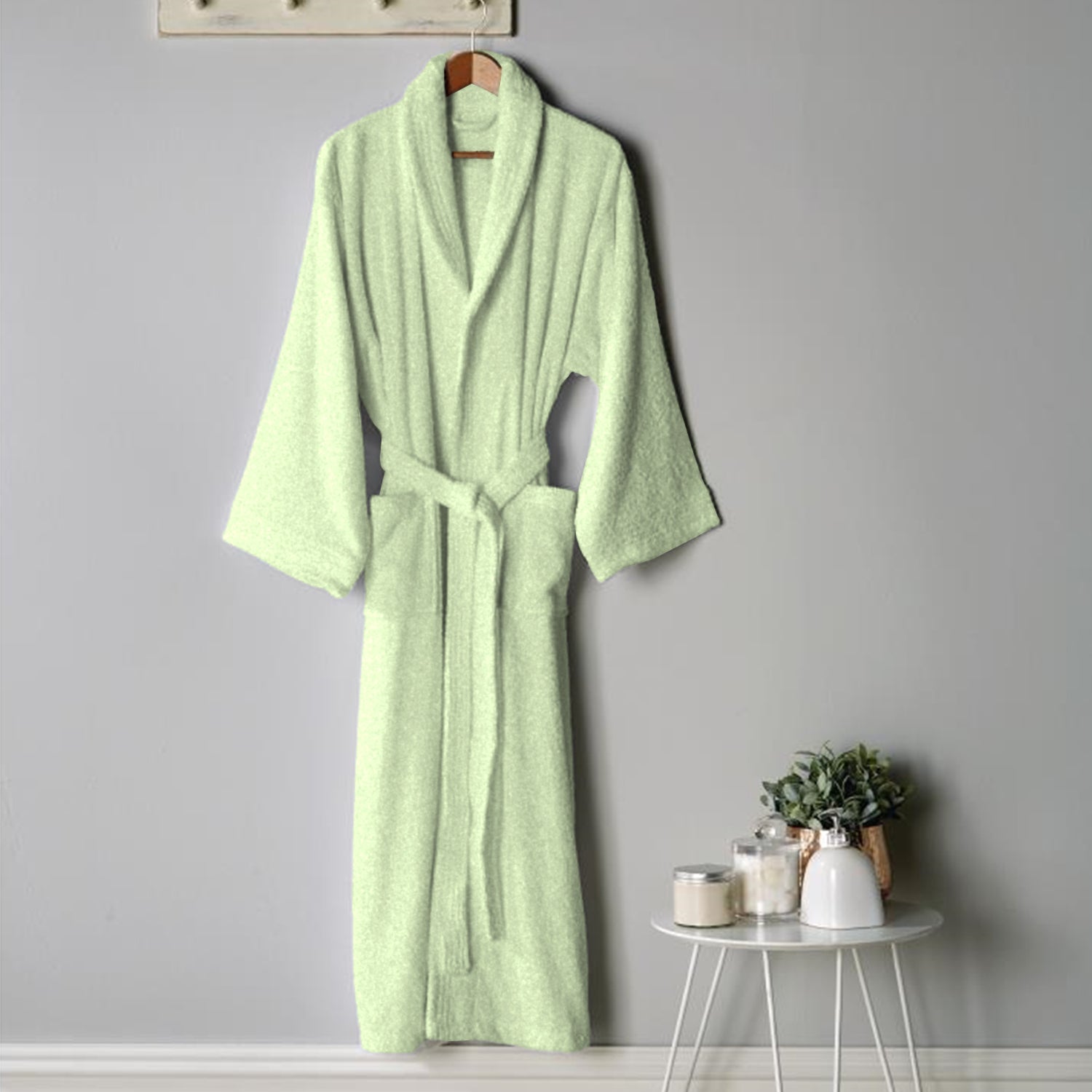 Premium Cotton Mint Green Terry Bathrobe with Pockets Suitable for Men and Women, Soft & Warm Terry Home Bathrobe, Sleepwear Loungewear, One Size Fits All