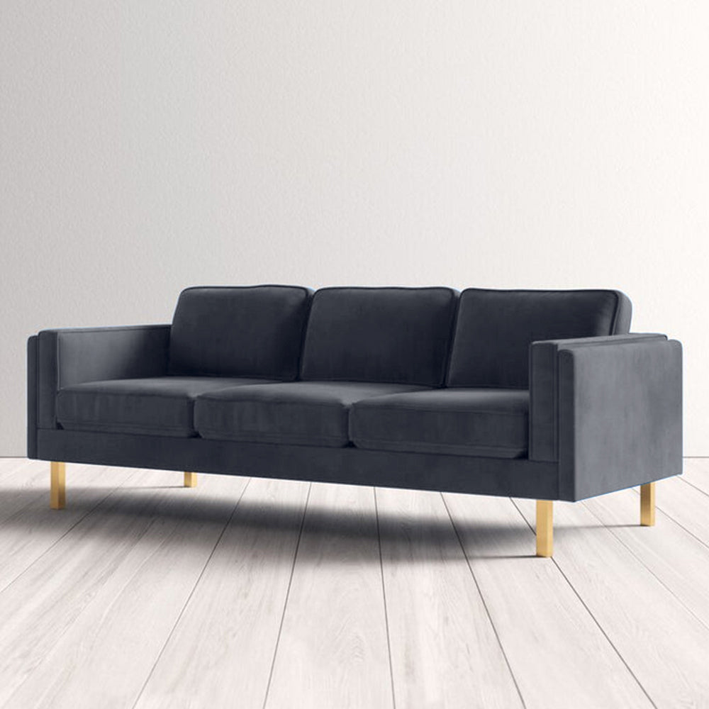 Nebula Grey Velvet 3-Seater Sofa with Square Arms - Luxury Living Room Seating, L220cm x W86cm x H81cm