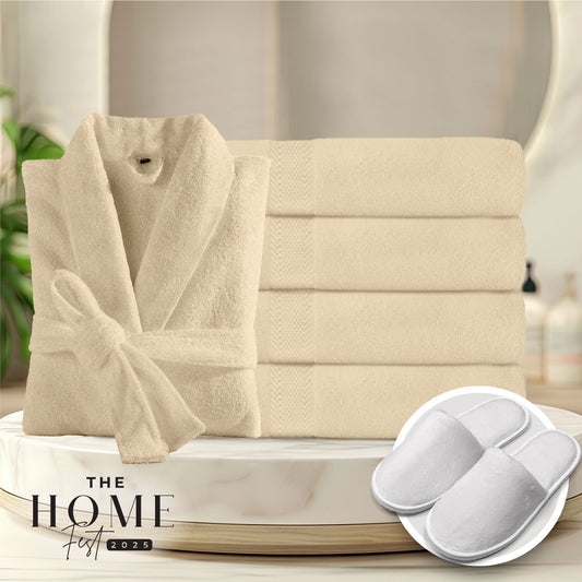 Home Fest 2025 Comfort Combo – 6PC Towels Bathrobe & Slippers Set-Linen
