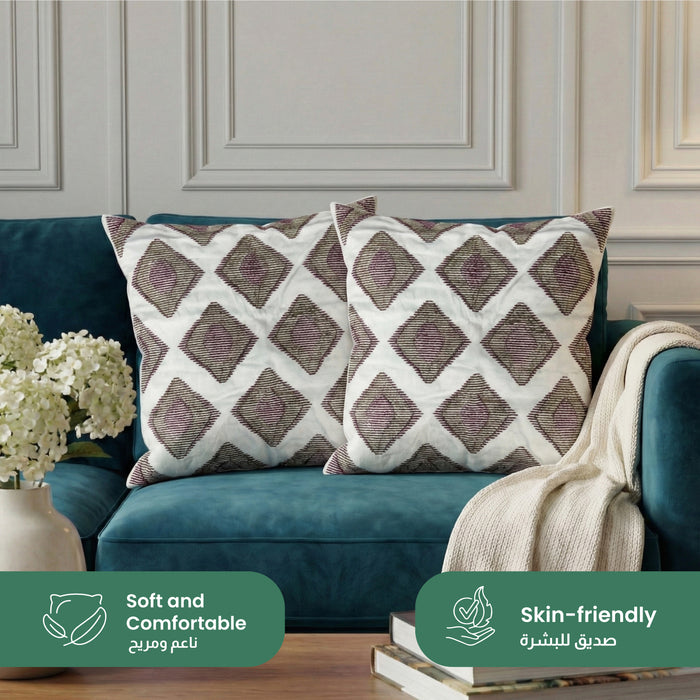 Embroidered Cotton Decorative Throw Pillows Pack of 2 - 45x45 cm Brown Rhombus