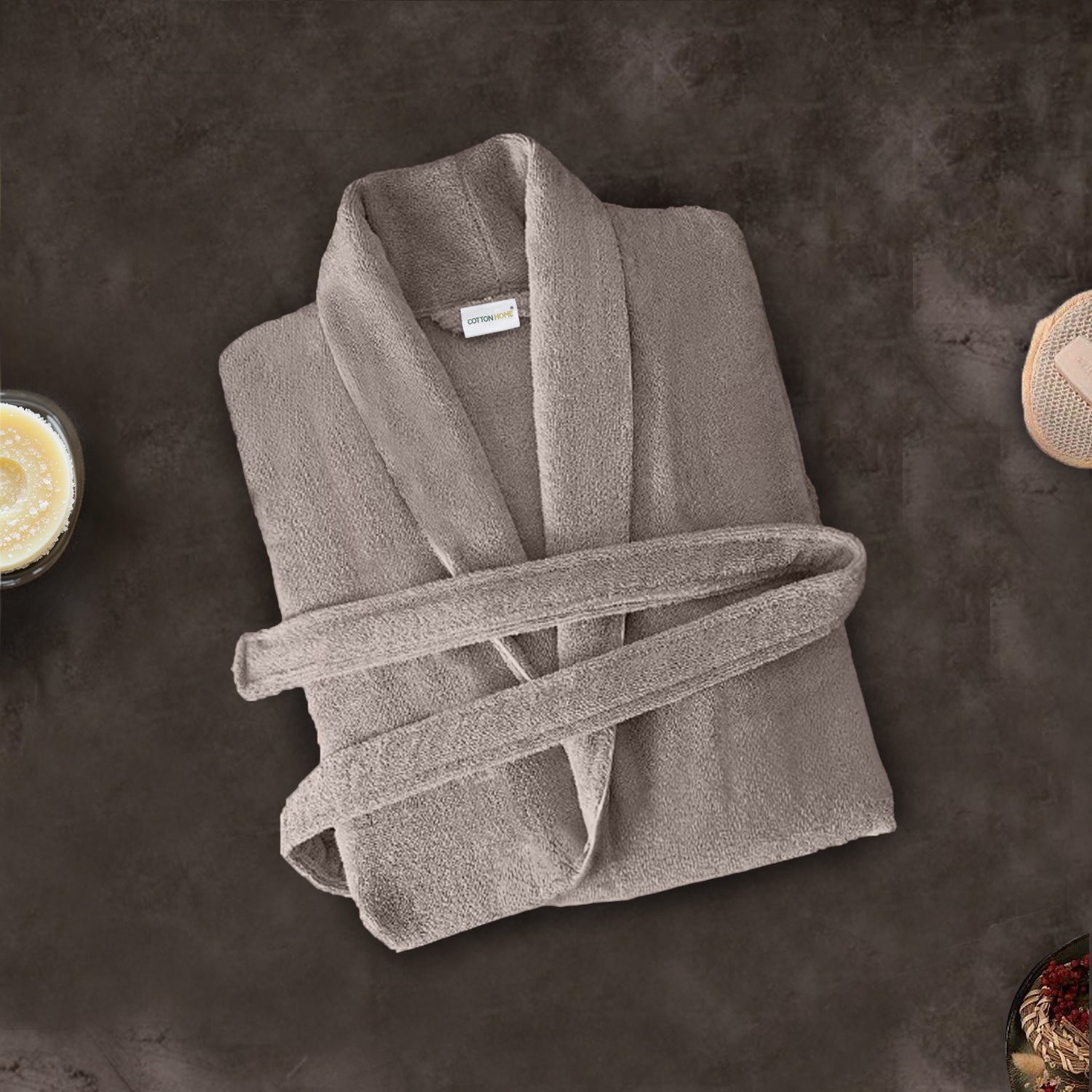 Premium Cotton Taupe Terry Bathrobe with Pockets Suitable for Men and Women, Soft & Warm Terry Home Bathrobe, Sleepwear Loungewear, One Size Fits All