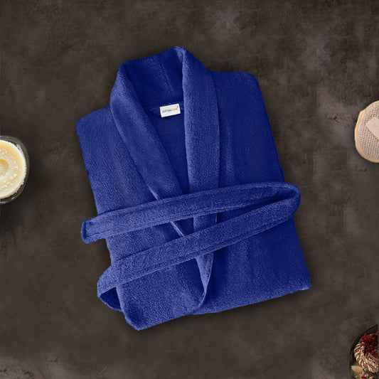 Premium Cotton Blue Terry Bathrobe with Pockets Suitable for Men and Women, Soft & Warm Terry Home Bathrobe, Sleepwear Loungewear, One Size Fits All