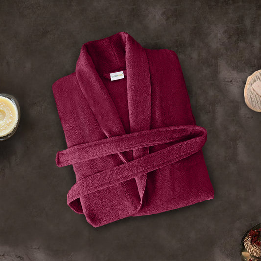 Premium Cotton Burgundy Terry Bathrobe with Pockets Suitable for Men and Women, Soft & Warm Terry Home Bathrobe, Sleepwear Loungewear, One Size Fits All