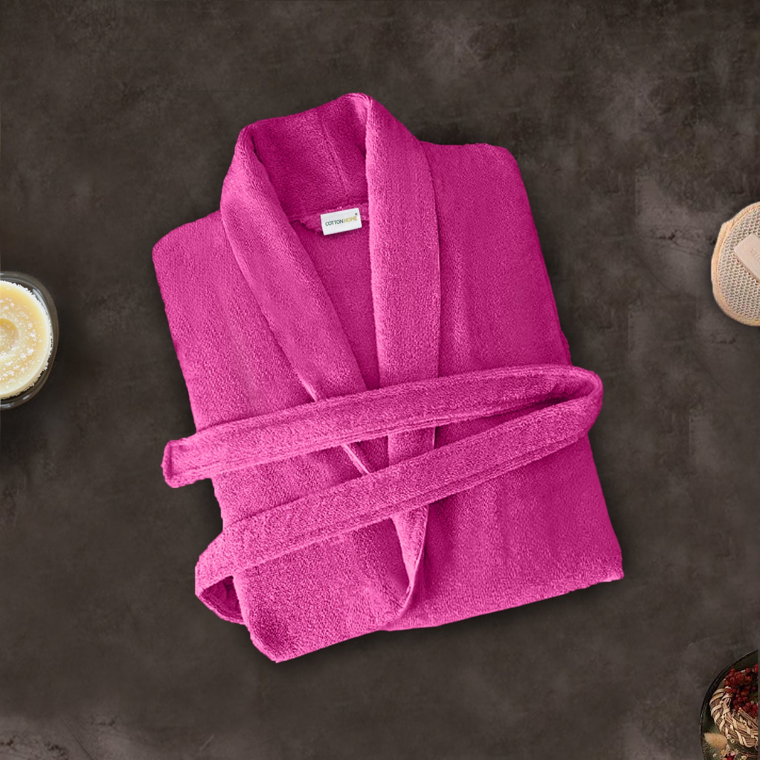 Premium Cotton Hot Pink Terry Bathrobe with Pockets Suitable for Men and Women, Soft & Warm Terry Home Bathrobe, Sleepwear Loungewear, One Size Fits All