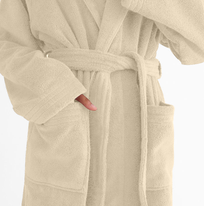 Premium Cotton Cream Terry Bathrobe with Pockets Suitable for Men and Women, Soft & Warm Terry Home Bathrobe, Sleepwear Loungewear, One Size Fits All