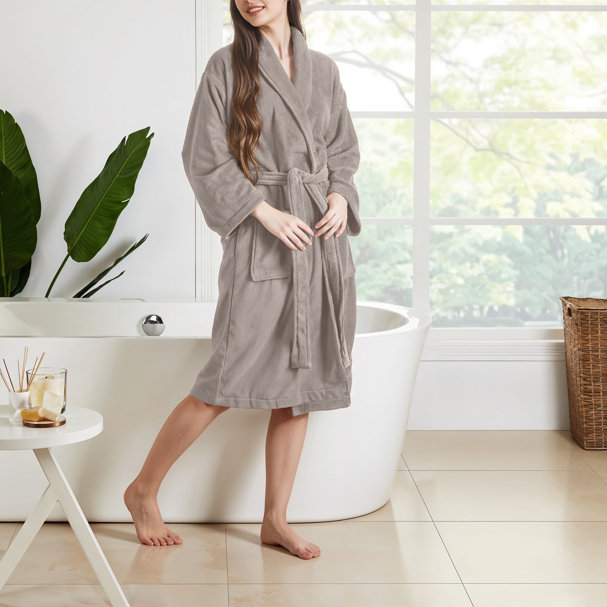 Premium Cotton Taupe Terry Bathrobe with Pockets Suitable for Men and Women, Soft & Warm Terry Home Bathrobe, Sleepwear Loungewear, One Size Fits All