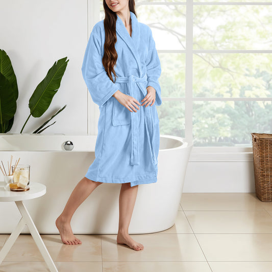 Premium Cotton Sky Blue Terry Bathrobe with Pockets Suitable for Men and Women, Soft & Warm Terry Home Bathrobe, Sleepwear Loungewear, One Size Fits All