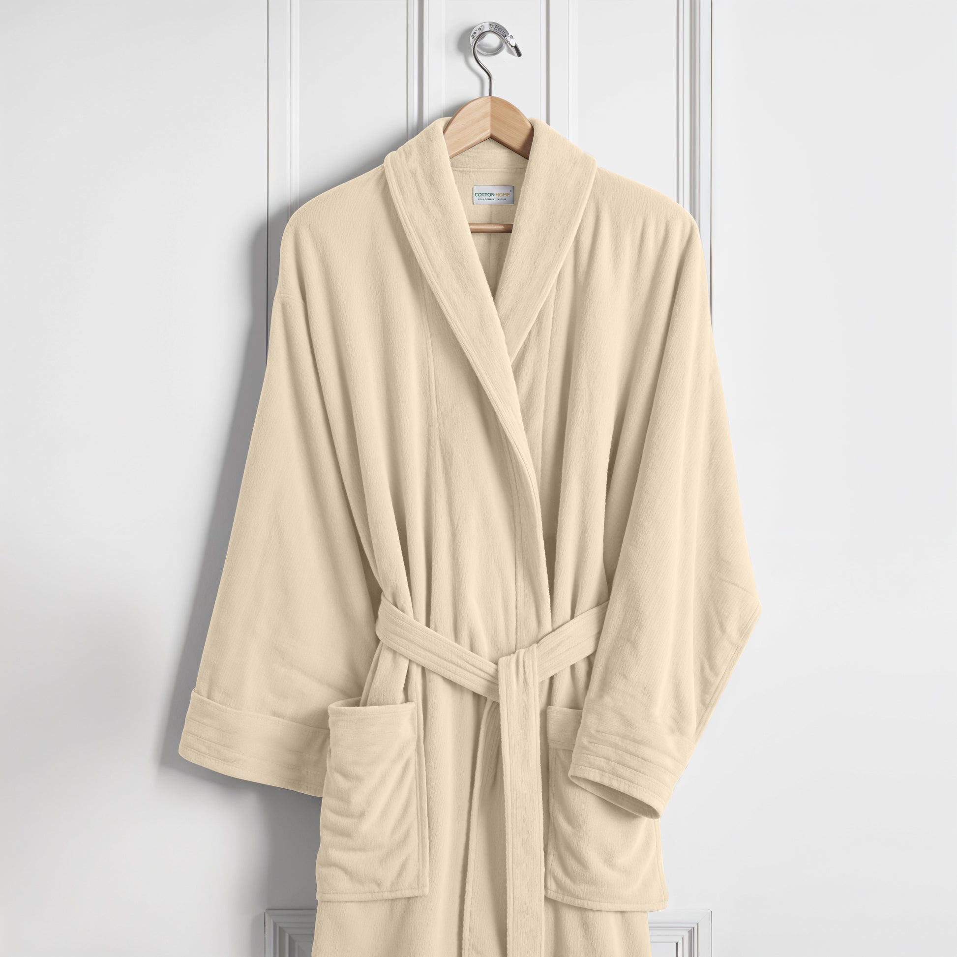 Premium Cotton Cream Terry Bathrobe with Pockets Suitable for Men and Women, Soft & Warm Terry Home Bathrobe, Sleepwear Loungewear, One Size Fits All