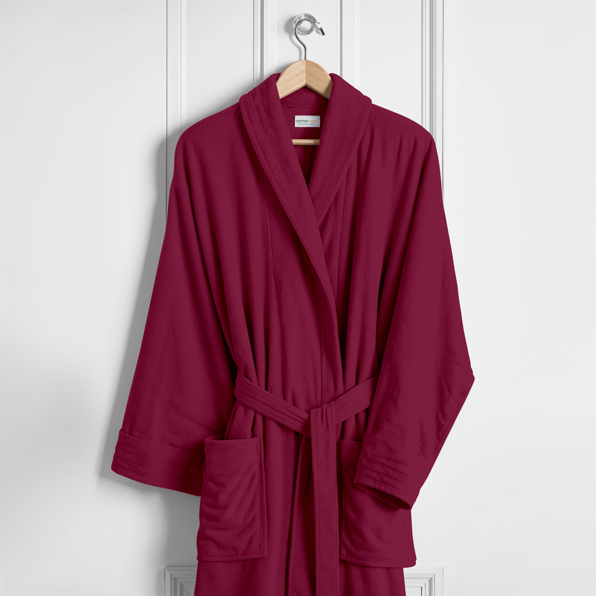 Premium Cotton Burgundy Terry Bathrobe with Pockets Suitable for Men and Women, Soft & Warm Terry Home Bathrobe, Sleepwear Loungewear, One Size Fits All