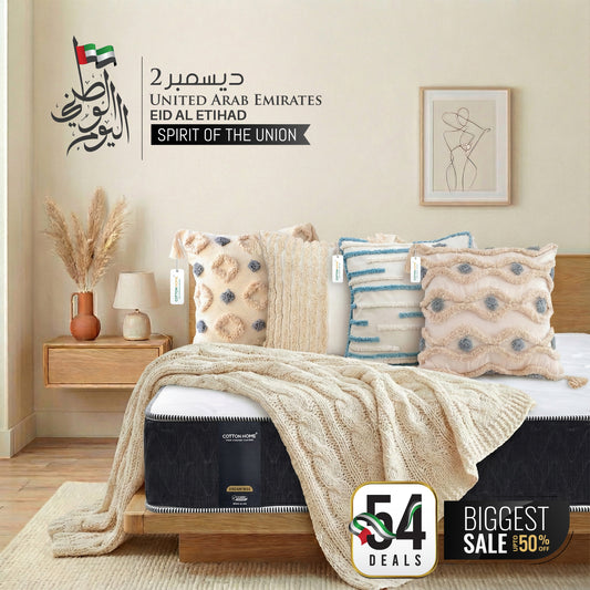 Bedroom scene with a mattress and cushions